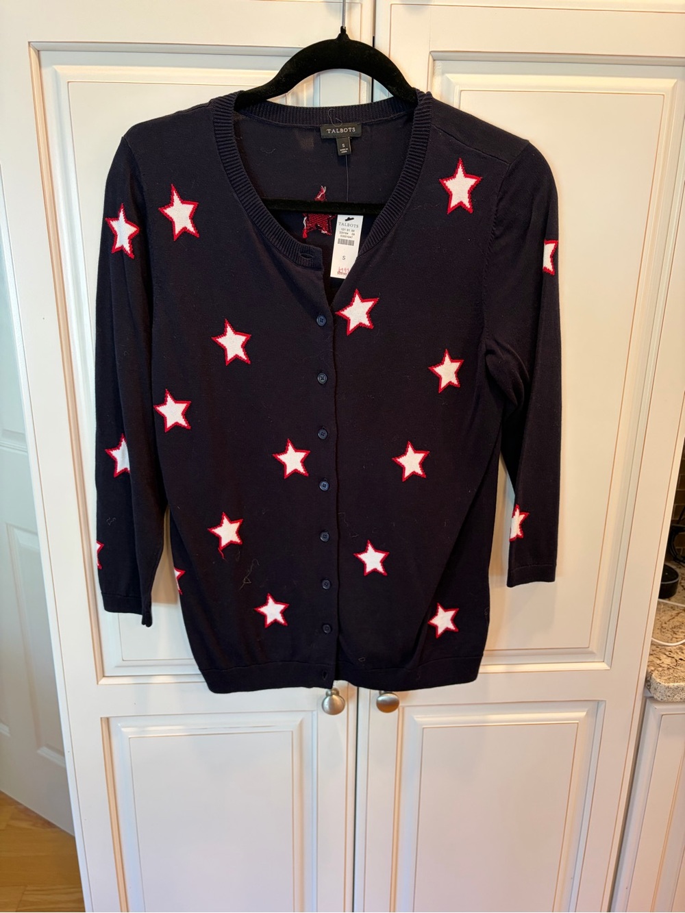 Talbots Navy Cardigan with Red-Outlined White Stars